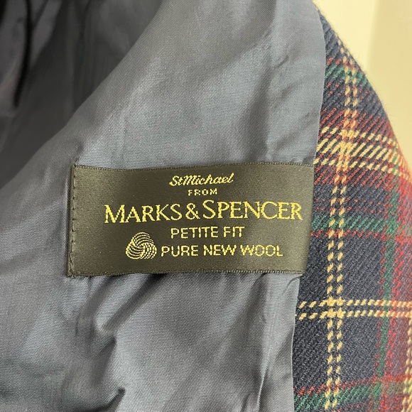 Vintage Marks & Spencer Navy Plaid Double Breasted Wool Jacket Sz 6P - Picture 9 of 13
